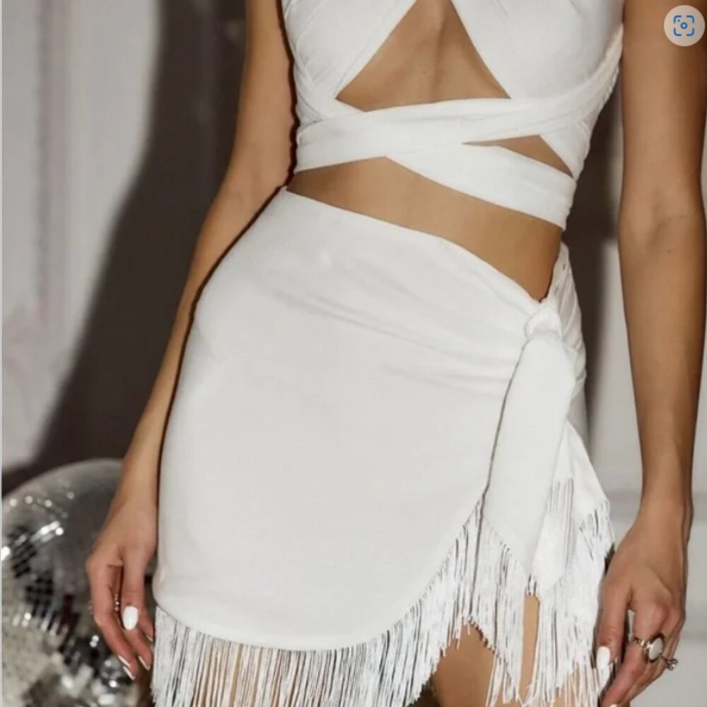 12th Tribe Rosalina White Fringe Tie Skirt